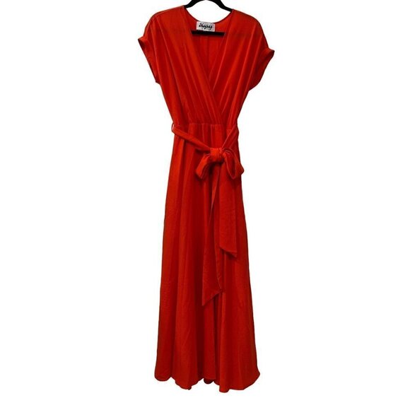 New MEGHAN LA Size M Jasmine Midi Dress wrap front w/tied waist belt Orange - Picture 3 of 13